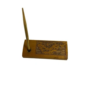 #8025 Vintage Wood Walnut Pen Holder With Gold Pen - Picture 1 of 5