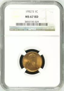 :1952-S 1C LINCOLN CENT KEY DATE NGC MS67RD SHINING RED RARITY R3 HIGHEST GRADES - Picture 1 of 2