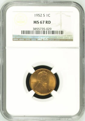 :1952-S 1C LINCOLN CENT KEY DATE NGC MS67RD SHINING RED RARITY R3 HIGHEST GRADES - Image 1 of 2