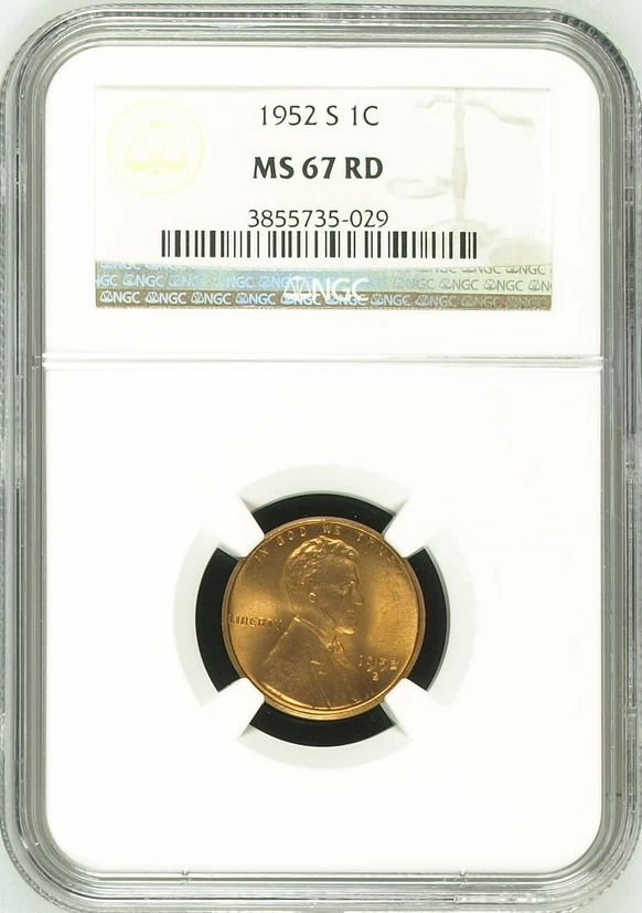 :1952-S 1C LINCOLN CENT KEY DATE NGC MS67RD SHINING RED RARITY R3 HIGHEST GRADES - Image 1 of 2