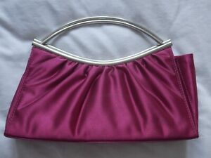 Cerise Pink Handbag Evening Party Wedding Silver Handle Etam Satin Clutch Bag