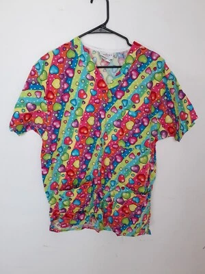 PEACHES Uniform Women's Colorful Candy Hearts Medical Uniform Scrub Top Sz Small - Image 1 of 4