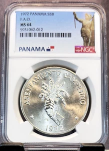 1972 PANAMA SILVER 5 BALBOAS FAO NGC MS 64 SCARCE BRIGHT BU COIN - Picture 1 of 3