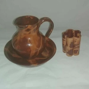 Brown Swirl Pottery Bathroom Set Pitcher Bowl Toothbrush Holder Unsigned - Picture 1 of 6