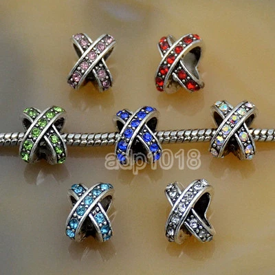 Hermoso Brazalete Europeo Diamantes de Imitación Tibetano Plata Gran Agujero Cuentas Espaciadoras Ajuste Foto 1 de 4