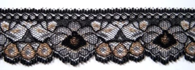 5 jardas. Renda floral vintage preta/brilhante bronzeada 1 1/2" de largura LJ-2 - Imagem 1 de 2