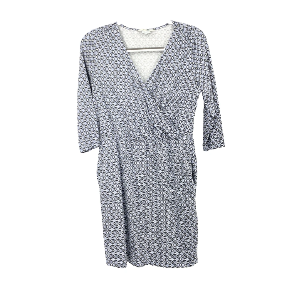Vestido Boden Mujer Talla 8 Mediano Manga Corta 3/4 Envolvente Azul Blanco Estampado Elástico Foto 1 de 4