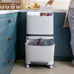 48L Kitchen Rubbish Waste Bin Recycling Dual Multi Compartment Dustbins Wheels - Picture 1 of 16