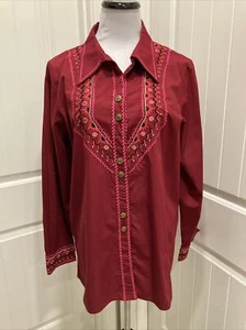 Bob Mackie Maroon Button Up Shirt with Embroidery SZ L Long Sleeve - Picture 1 of 16