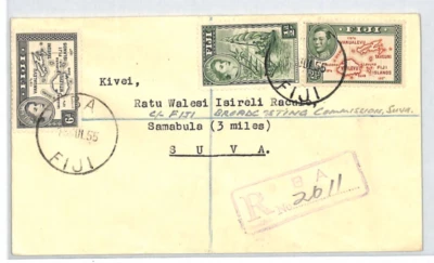 FIJI Cover *BA* Registered Suva Mixed Reigns Franking 1955{samwells}XC379 - Image 1 of 4