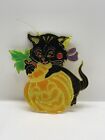 Vintage Plastic Stained Glass Suncatcher Halloween Black Cat &amp; Pumpkin