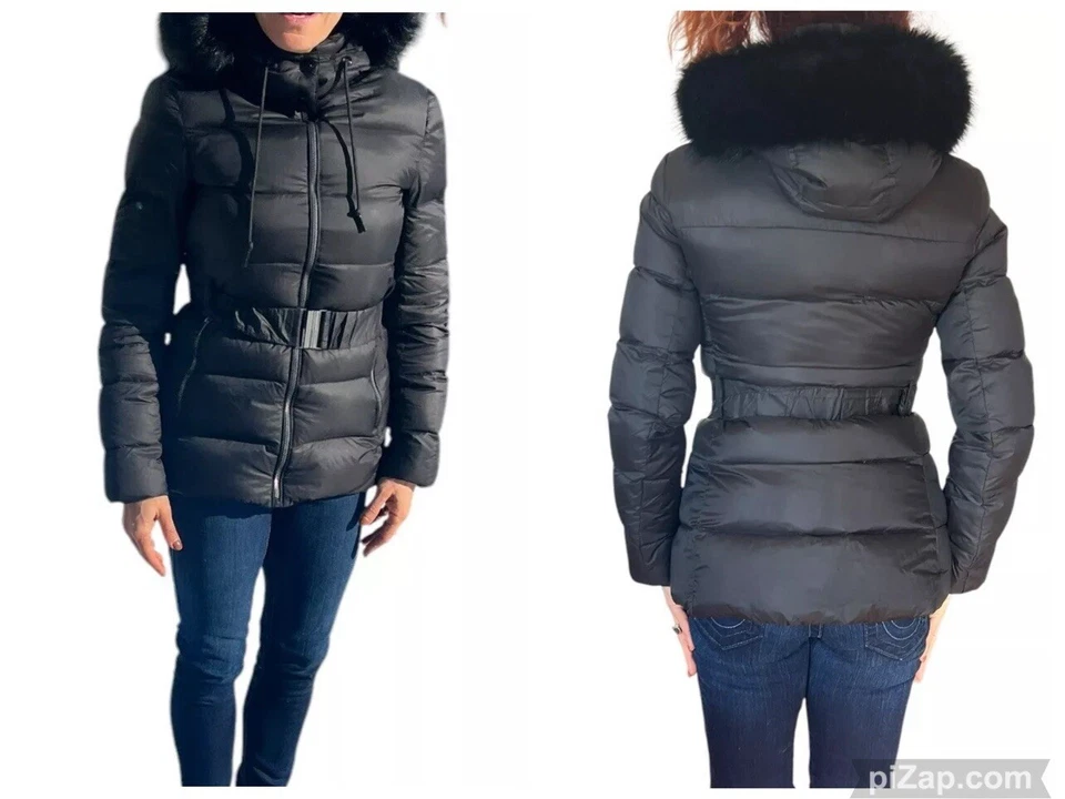 Chaqueta Abrigo Zara 2969/301 Para Mujer Negro Abajo Cinturón Puffer Imitación Piel Borde Capucha Foto 1 de 4