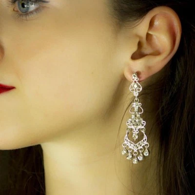 Pendientes de araña de boda Swarovski elemento de diamantes de imitación plata de 3 niveles  Foto 1 de 4