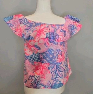 Lilly Pulitzer Zeldie One Shoulder Ruffle Top Pink Isle Snappy Turtle Size XS - Picture 1 of 5