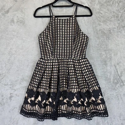 Aqua Dress Womens Medium Black Beige Fit Flare Mesh Overlay Floral Lace Party - Image 1 of 4