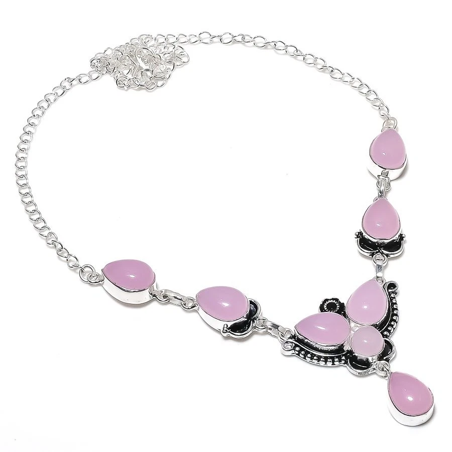 Rose Quartz Gemstone Handmade 925 Sterling Silver Jewelry Necklace Size 18" - Image 1 of 1