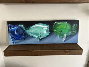 Blenko Glass Painting Fish 971 And 5433 Canvas Original 36x12 - Picture 1 of 1