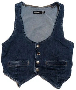 Gilet Boohoo denim US 4/UK 8 orlo grezzo bottoni davanti misto cotone - Foto 1 di 7