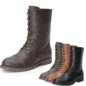 Women Combat Boots Low Heel Round Toe Lace Up Zip Riding Spring Mid Calf Boots - Picture 1 of 26