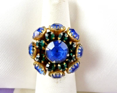 Vintage JUDY LEE Blue Green Rhinestone Ring Cocktail Fashion Adjustable Size 5 - Image 1 of 4