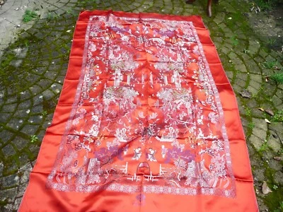 TISSU vintage ancien de qualité à décors de scènes asiatiques 1,30m x 2,04 m - Photo 1/4