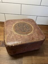 QUALITY ANTIQUE LEATHER SEWING CASKET BOX - EMBOSSED SCENE TO TOP - ITALIAN ?