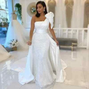 Shiny One Shoulder Mermaid Wedding Dresses With Bow Satin Sequined Bridal Gowns - Picture 1 of 6