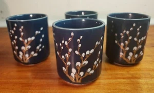 VINTAGE BLUE JAPANESE TEA CUPS (4) Gold Tree with White Buds Design- EXCELLENT ! - Picture 1 of 6