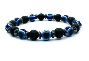 Perlen Armband Onyx mit Nazar Böser Blick Kugel 8mm Edelstein Armreif NZ201 - Bild 1 von 4