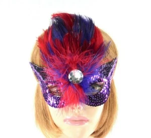 Purple Sequin Mardi Gras Costume Party Society Mask Feather Spray Red Hat Lady - Picture 1 of 4