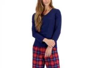 Nuevo con etiquetas Pijama Charter Club Para Mujer Mezcla de Algodón Cuello en V Manga Larga Top Azul - Imagen 1 de 9