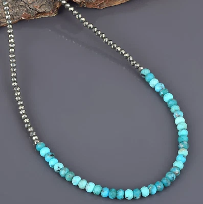 Naturale Blu Turchese & Pirite Perline 18 " Catena 925 Argento Collana Per Donna - Immagine 1 di 4