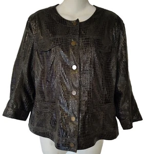 Ruby Rd. Faux Leather 3/4 Sleeve Light Weight Jacket Sz 16 Button Up Blk/Green - Picture 1 of 9