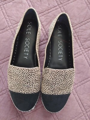 Sole Society Black Beige Cow Hair Animal Print Espadrilles Loafers 8 - Image 1 of 4