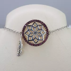 Pink Sapphire Flower Lotus Chain Bracelet Sterling Silver Feather Charm Adjust - Picture 1 of 12