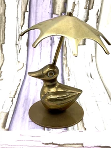 Vintage Brass Metal Duck with Umbrella Ornament Figurine - Picture 1 of 11