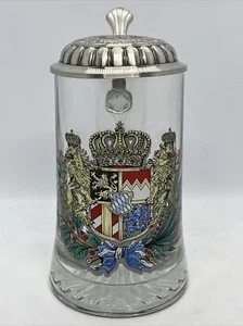 De colección Taza de Cerveza Alemana Piedra Vidrio Tapado Baviera Escudo de Armas Leones Corona de Oro - Imagen 1 de 9