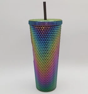 Starbucks Tumbler 9in Black Oil Slick Rainbow Prism Soft Stud Straw Screw Lid - Bild 1 von 15
