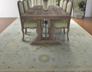 Hand-Knotted Muted Green & Blue Oushak Rug Turkish Wool Carpet for Dining Room - Picture 1 of 8