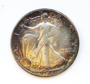 US 1942 Walking Liberty 90% Silver Coin Half Dollar AU Bluish Toned Rim - Picture 1 of 2