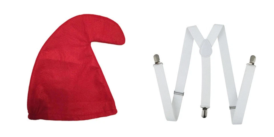 Cappello Rosso e Bretelle - Gnomo Nano/Giardino Papà Vestito Fantasia Costume Festa Cartone Animato - Immagine 1 di 1