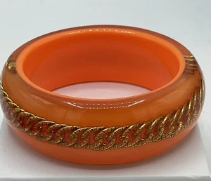 vintage chunky lucite orange tangerine gold tone chain bracelet bangle retro - Picture 1 of 8