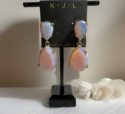 Kenneth Jay Lane KJL Earring Opal Resin Teardrop 22K Gold Plate Designer Jewelry - Image 1 of 4