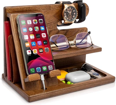 Wood Phone Docking Station Ash Key Holder Wallet Stand Watch Organizer Men Husba - Image 1 of 4