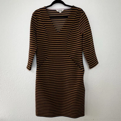 Bonde Bronte Ottoman Midi Knit Dress Ochre Navy Stripe Women’s Size 10L - Image 1 of 4