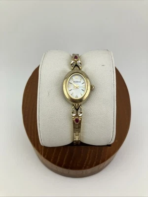 Vtg Elgin 2 Ladies 17mm Watch Gold Tone Red Jewel MOP Dial 6" ell02 - RUNS - Image 1 of 4