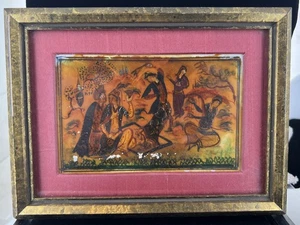 Vintage Nahöstliche gerahmte Miniatur handgemalte Musikszene auf Kamelknochen - Bild 1 von 10