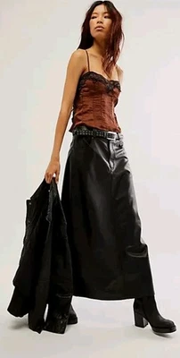 Free People Size 6 City Slicker Vegan Maxi Skirt Leather Back Slit Black $128 - Image 1 of 4