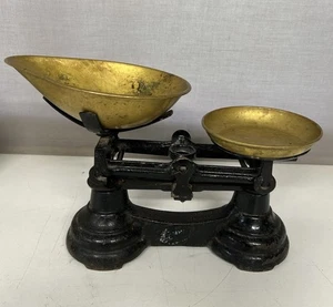 Vintage Librasco England schwarze Gusseisen Küchenwaage mit Messingpfannen  - Bild 1 von 14