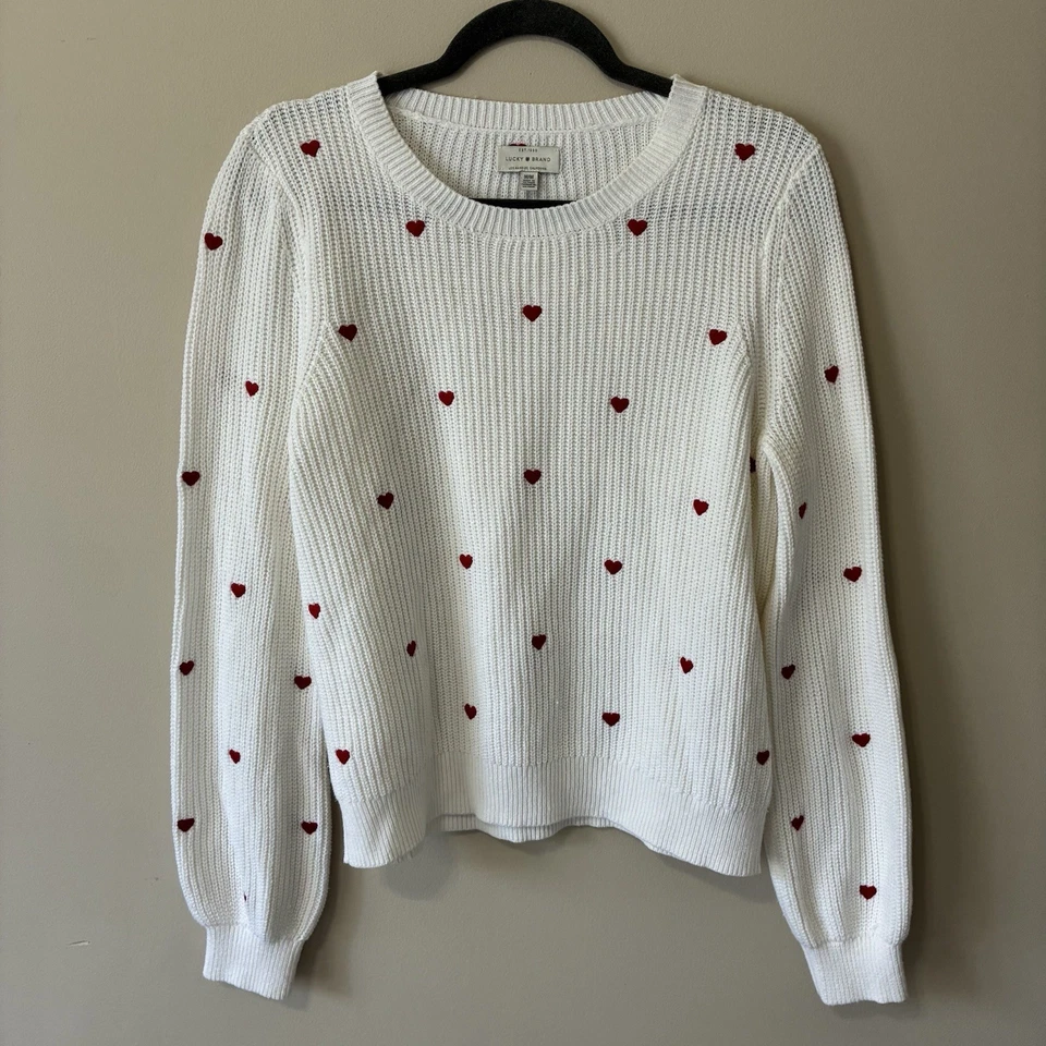 Lucky Brand Womens Ribbed Knitted White Sweater W/ Red Hearts Embroidered Medium - Image 1 of 4